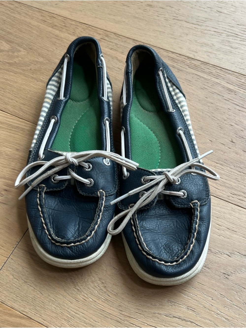 Sperry Navy Leather Moccasin Boat Shoes with White Laces